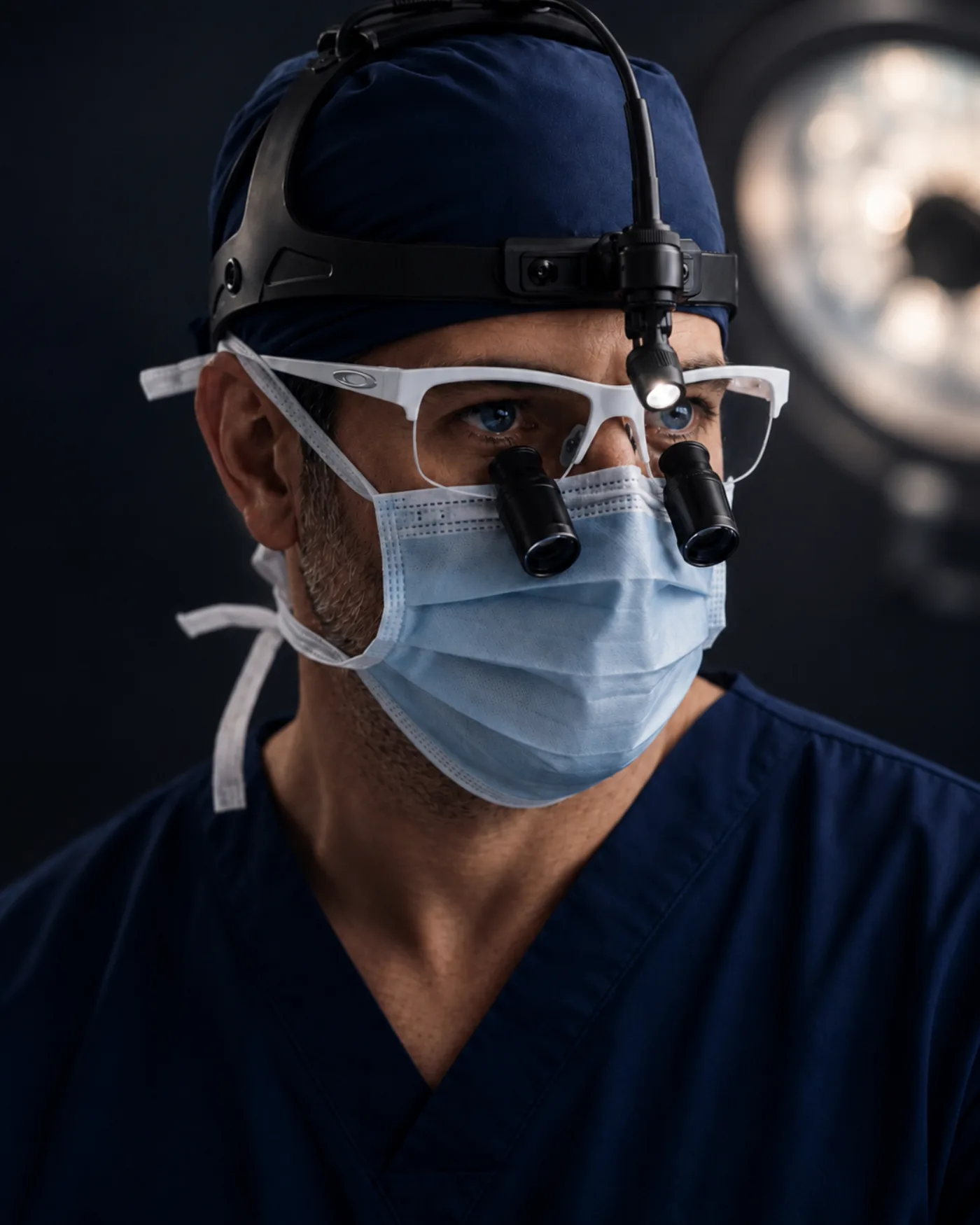 A cardiac surgeon operating under headlamp illumination