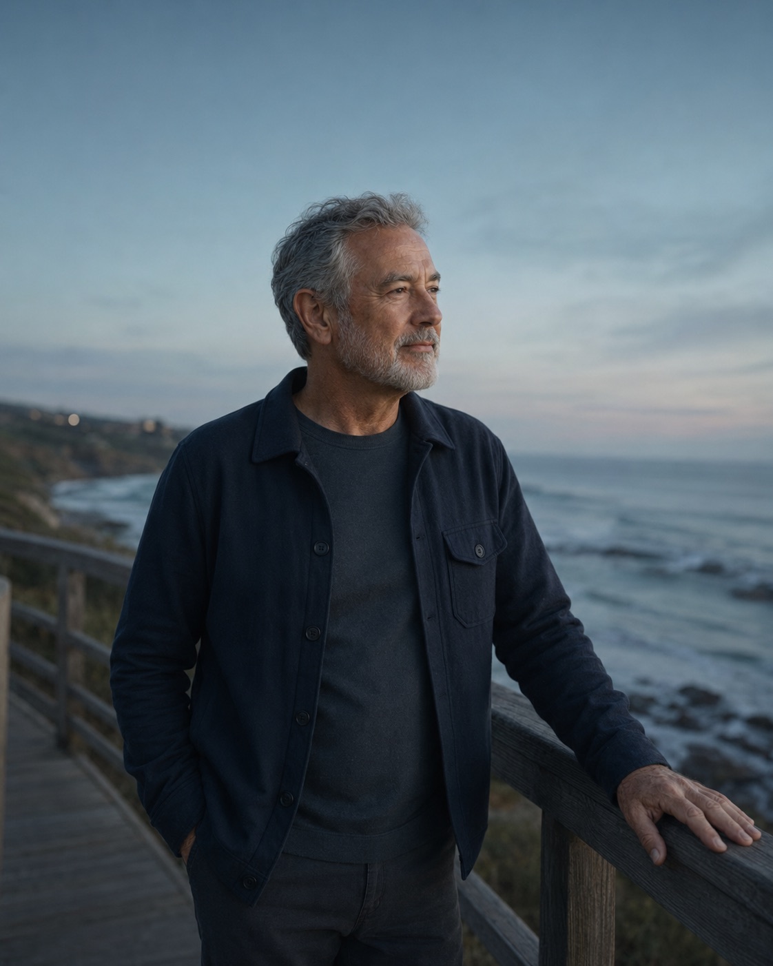 A silver-haired man on a coastal boardwalk at dusk, looking out over the water